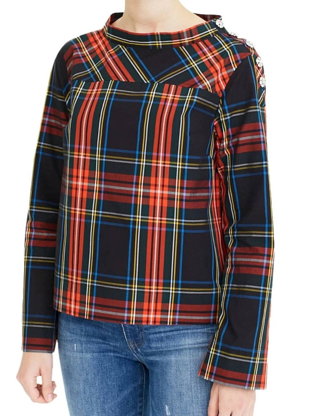 J.Crew K6797 Stewart Plaid Jeweled Funnel Neck Top NWT Size 8 Holiday